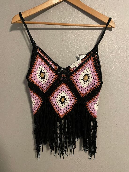 Rebellion Tops - Rebellion Tank Top Womens Small Granny Square Crochet Fringe Boho Festival